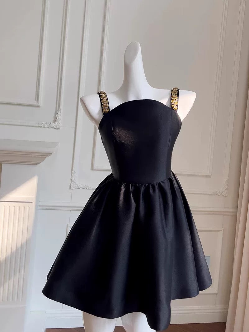 Cute A line Spaghetti Straps Black Satin Homecoming Dresses Birthday Outfits