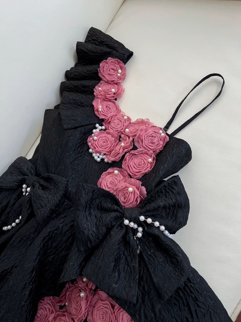Pretty Ball Gown Straps Black Satin Flowers Homecoming Dresses Birthday Outfits With Bow