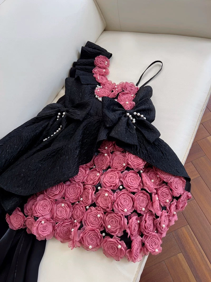 Pretty Ball Gown Straps Black Satin Flowers Homecoming Dresses Birthday Outfits With Bow