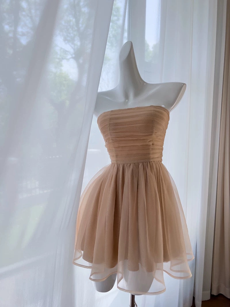 Pretty A Line Strapless Champagne Tulle Homecoming Dresses Birthday Outfits With Ruffles