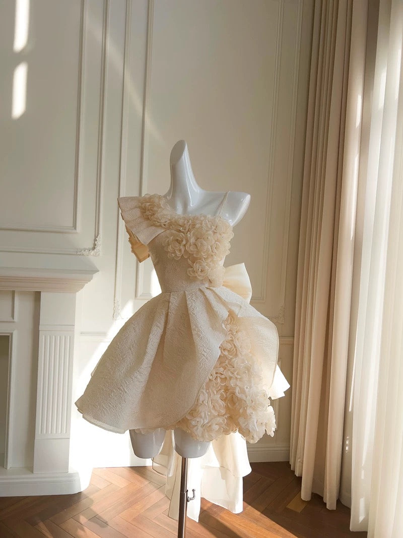 Pretty Ball Gown Straps Champagne Satin Flowers Homecoming Dresses Birthday Outfits With Bow