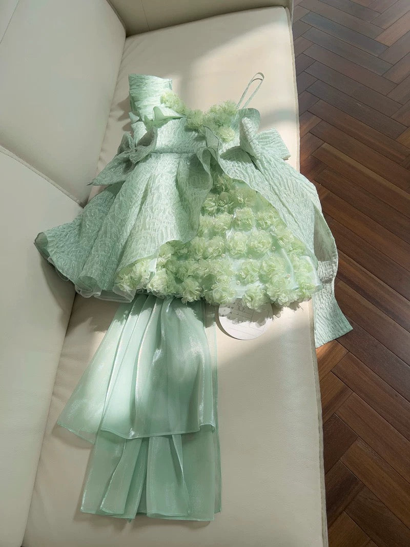 Pretty Ball Gown Straps Mint Green Lace Flowers Homecoming Dresses Birthday Outfits With Bow