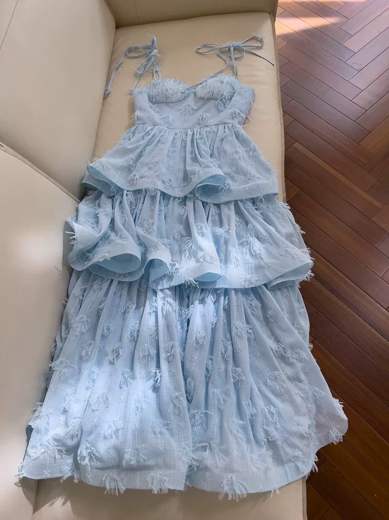 Modest Ball Gown Straps Lace Ruffles Light Sky Blue Length Prom Dress Formal Dresses