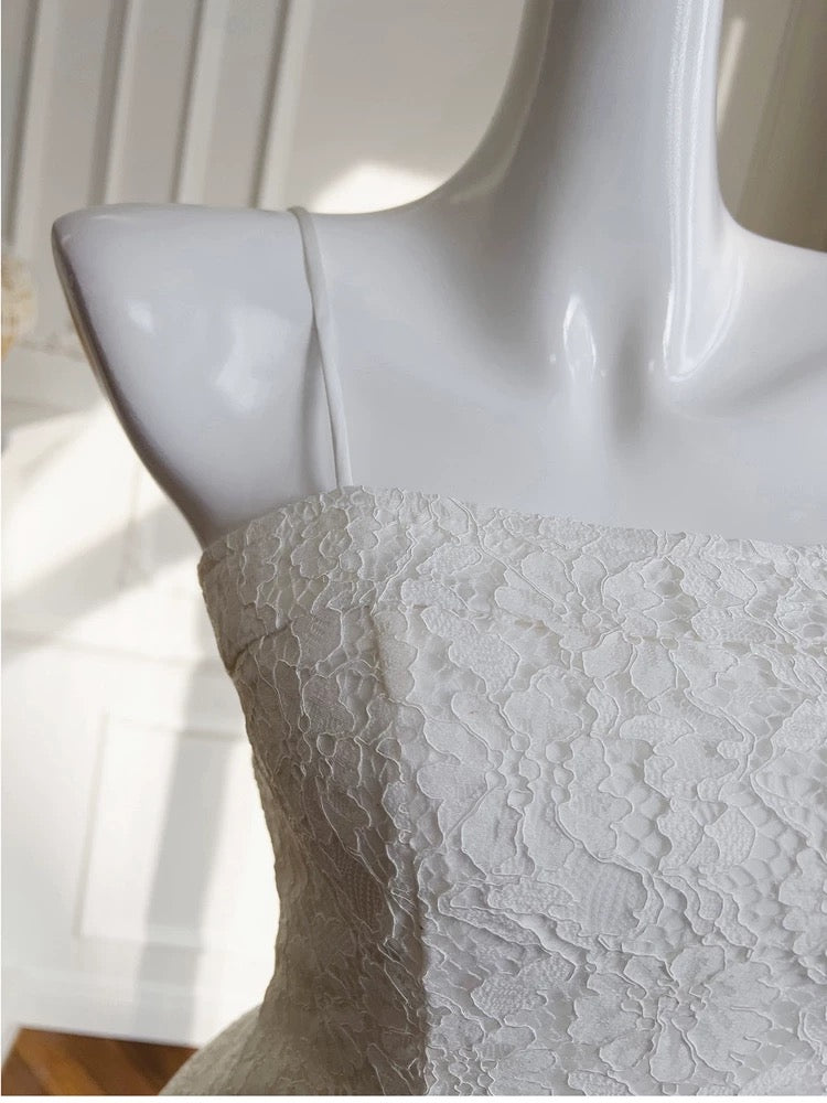 Modest A line Spaghetti Straps White Lace Short Homecoming Dresses Birthday Outfit