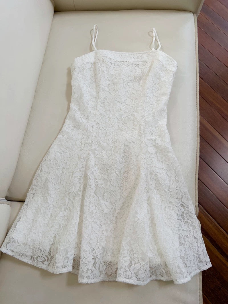 Modest A line Spaghetti Straps White Lace Short Homecoming Dresses Birthday Outfit