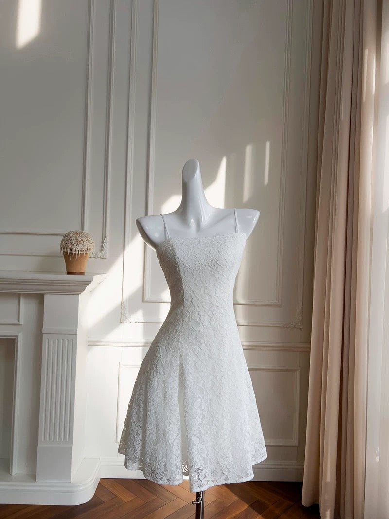 Modest A line Spaghetti Straps White Lace Short Homecoming Dresses Birthday Outfit