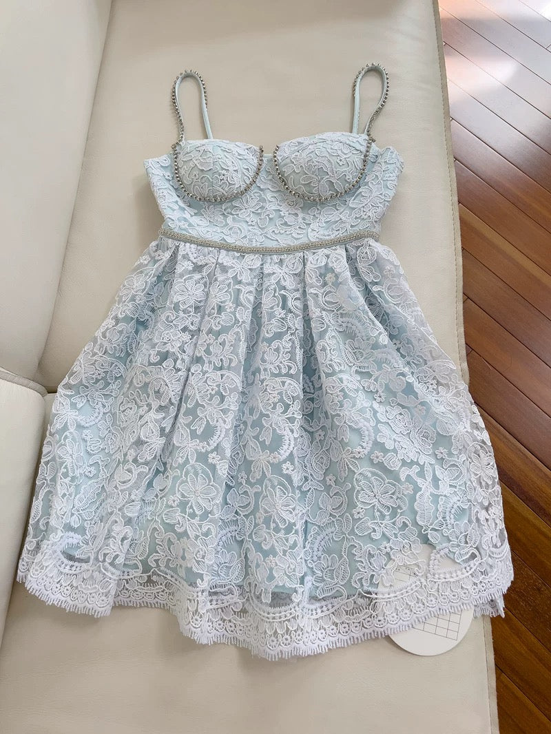 Modest A line Spaghetti Straps Light Skye Blue Lace Short Homecoming Dresses Birthday Outfit