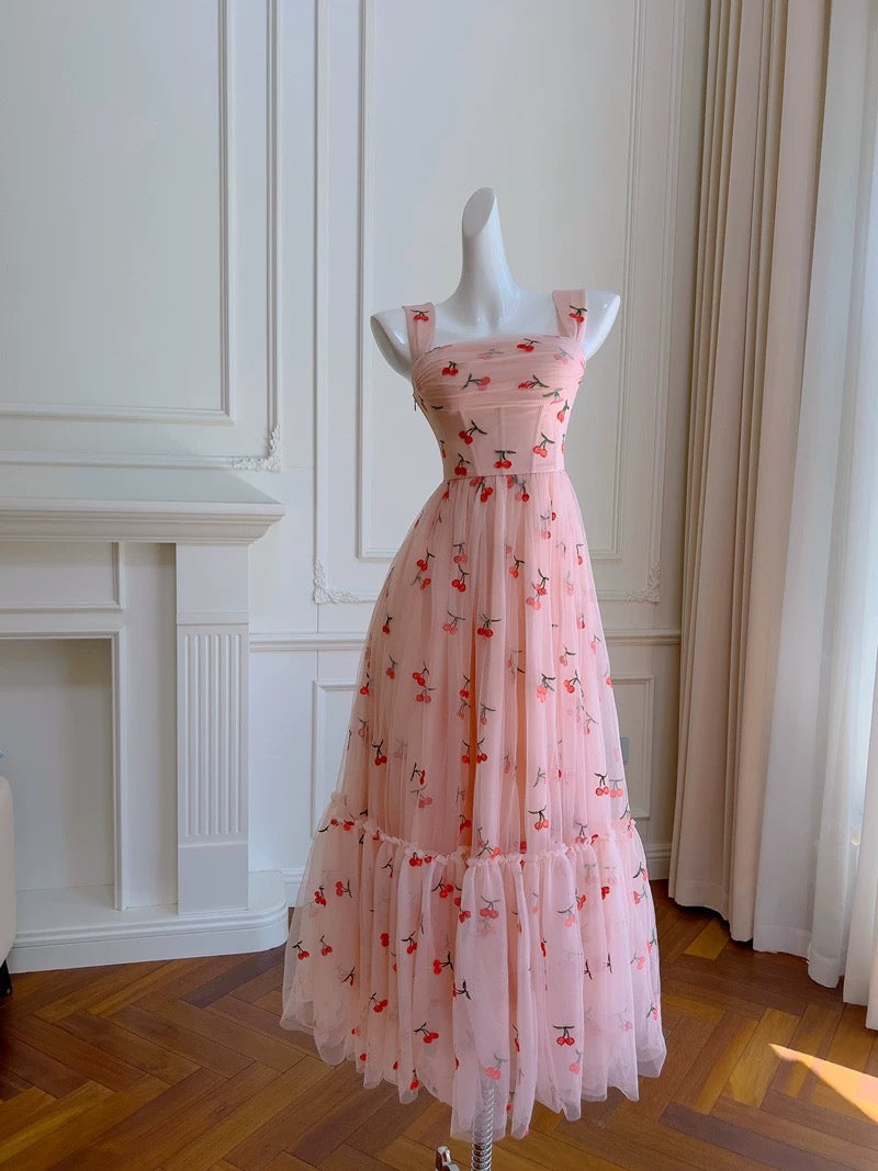 Modest A line Straps Pink Floral Prom Dress Formal Dresses