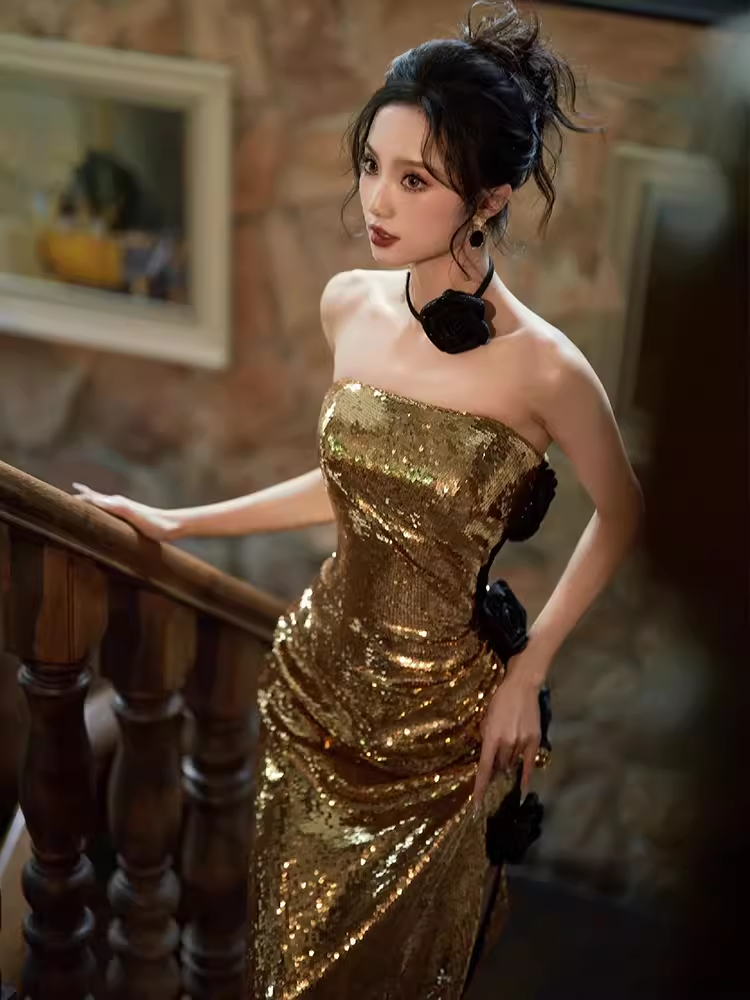 Modest Mermaid Strapless Sequin Gold Long Prom Dresses