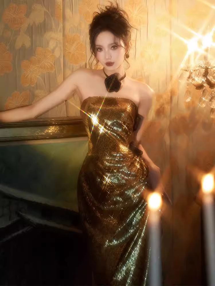 Modest Mermaid Strapless Sequin Gold Long Prom Dresses