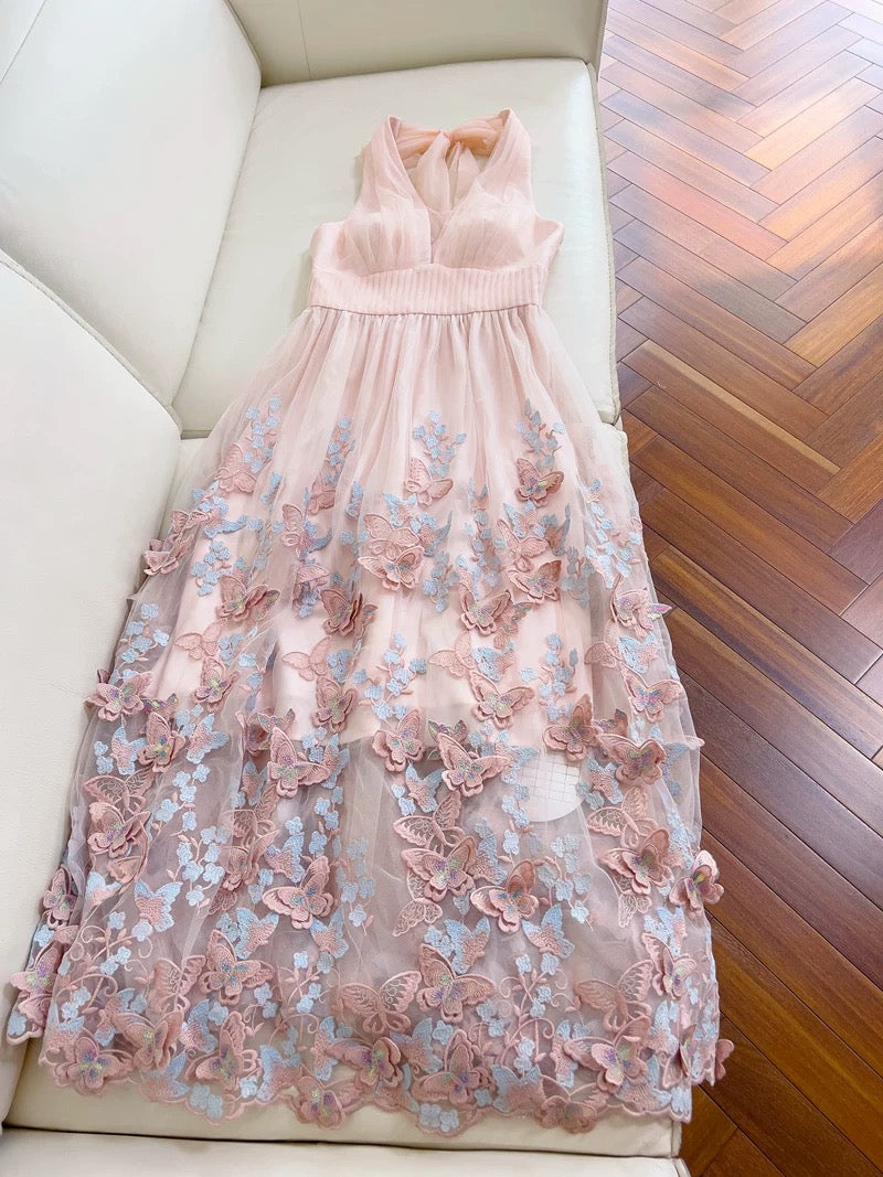 Modest A line Halter Lace Pink Long Prom Dress Formal Dresses