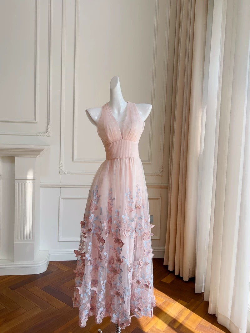 Modest A line Halter Lace Pink Long Prom Dress Formal Dresses