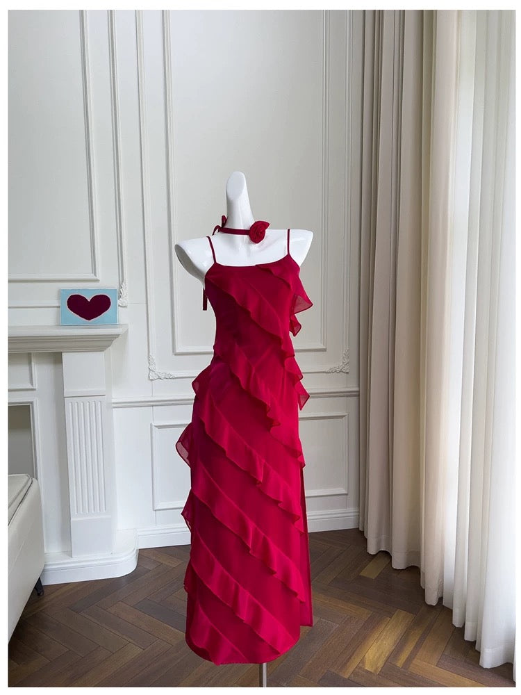 Modest A line Spaghetti Straps Red Chiffon Long Prom Dress Formal Dresses