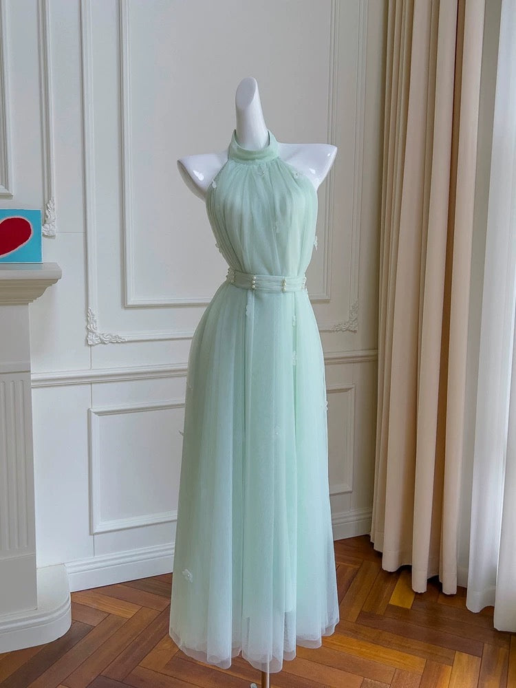 Modest A line Halter Tulle Mint Green Prom Dress Formal Dresses