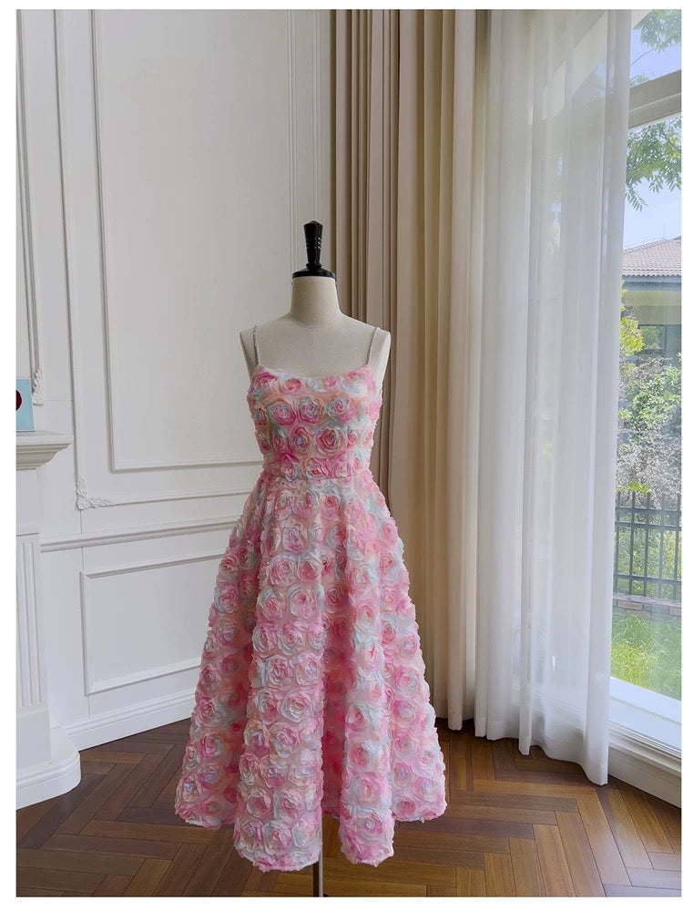 Modest A line Spaghetti Straps Pink Floral Prom Dress Formal Dresses