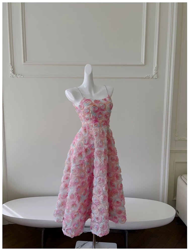 Modest A line Spaghetti Straps Pink Floral Prom Dress Formal Dresses