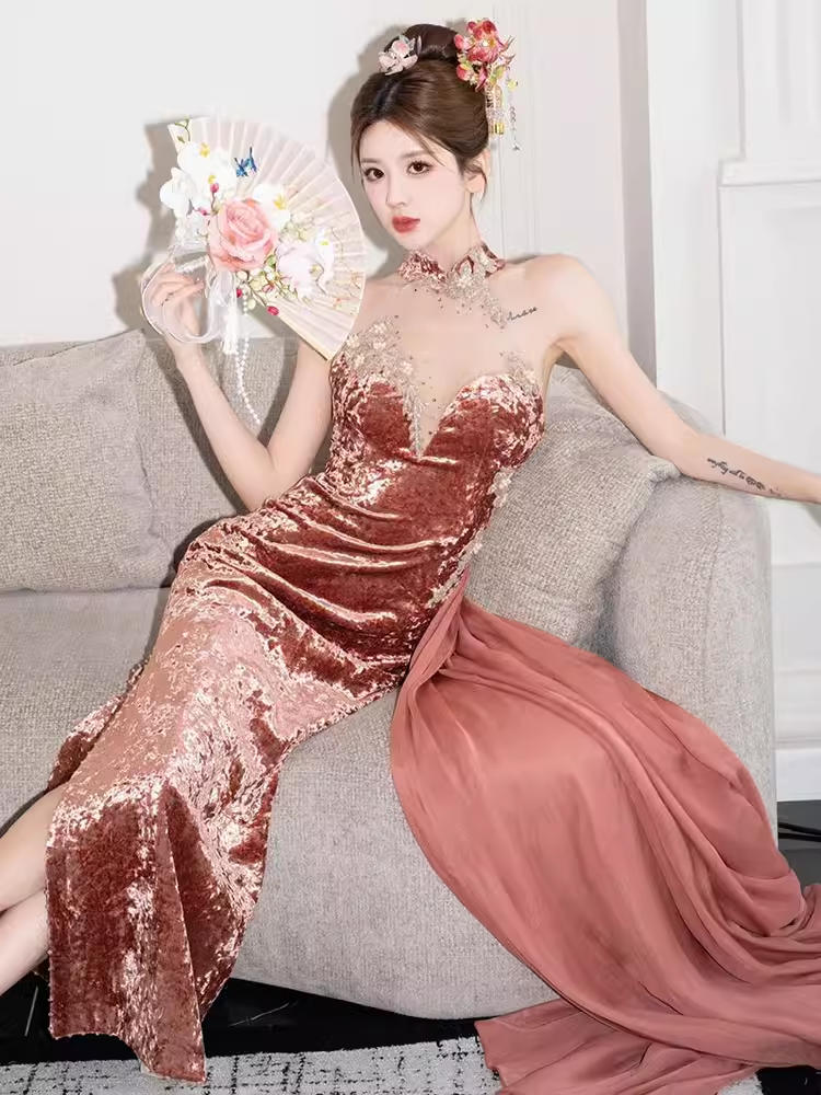 Sexy Mermaid High Neckline Velvet Pink Long Prom Dresses Birthday Outfits