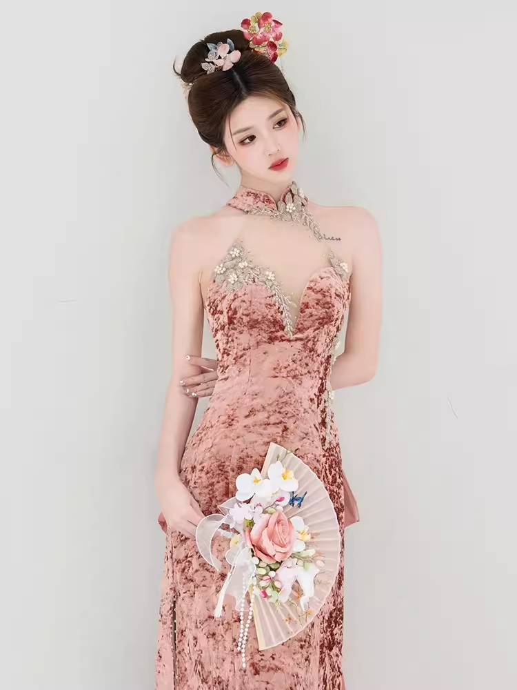 Sexy Mermaid High Neckline Velvet Pink Long Prom Dresses Birthday Outfits
