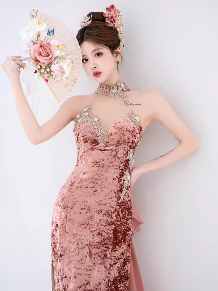 Sexy Mermaid High Neckline Velvet Pink Long Prom Dresses Birthday Outfits