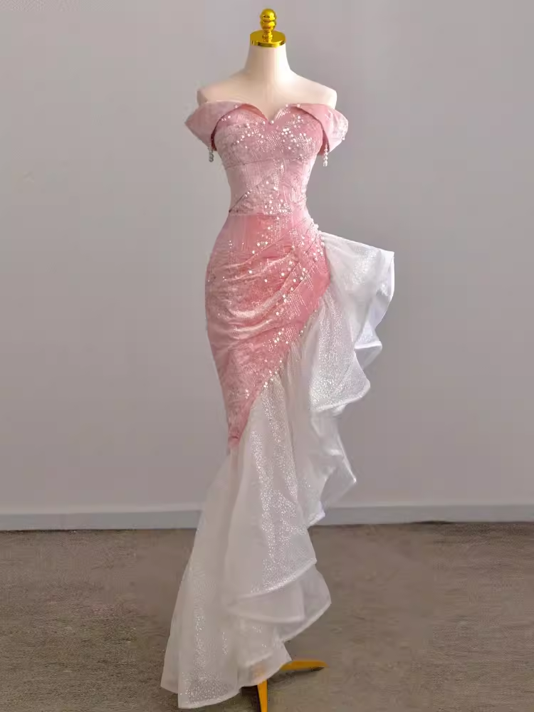 Sexy Mermaid Off The Shoulder Velvet Pink Long Prom Dresses Birthday Outfits