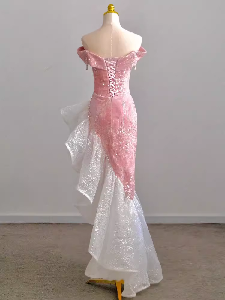 Sexy Mermaid Off The Shoulder Velvet Pink Long Prom Dresses Birthday Outfits