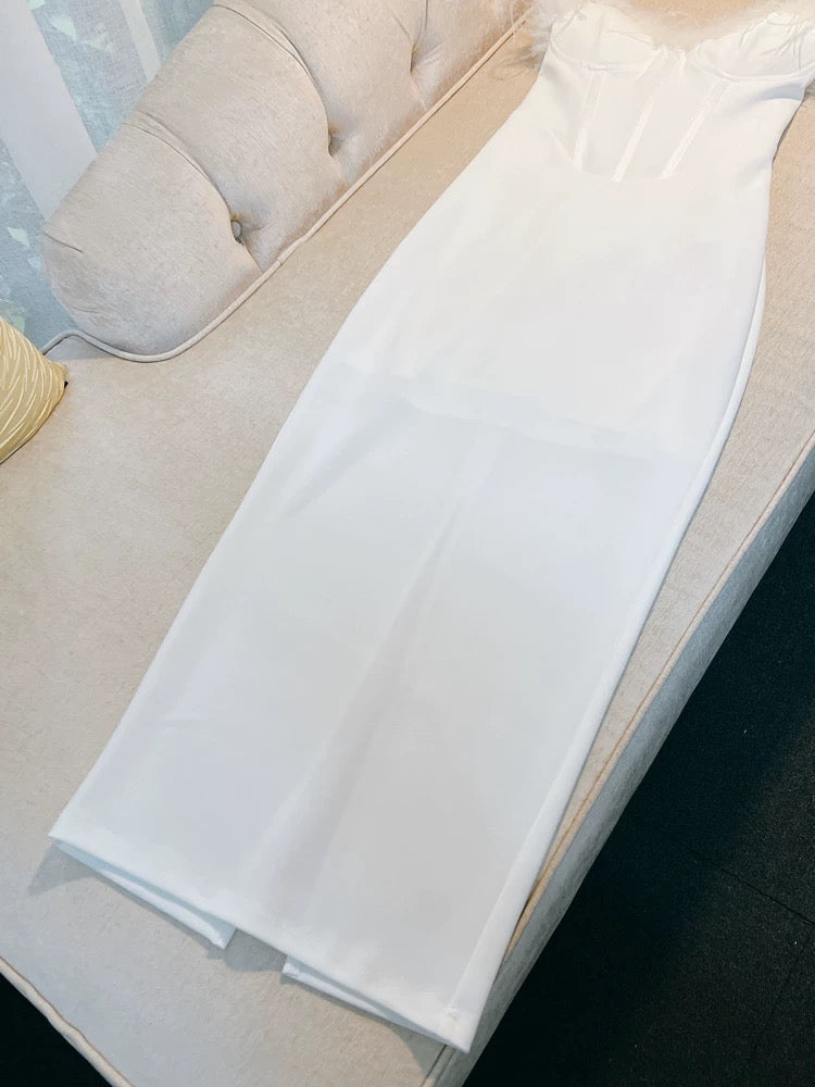 Sexy Sheath Sweetheart White Ankle Length Prom Dress Formal Dresses With Feather