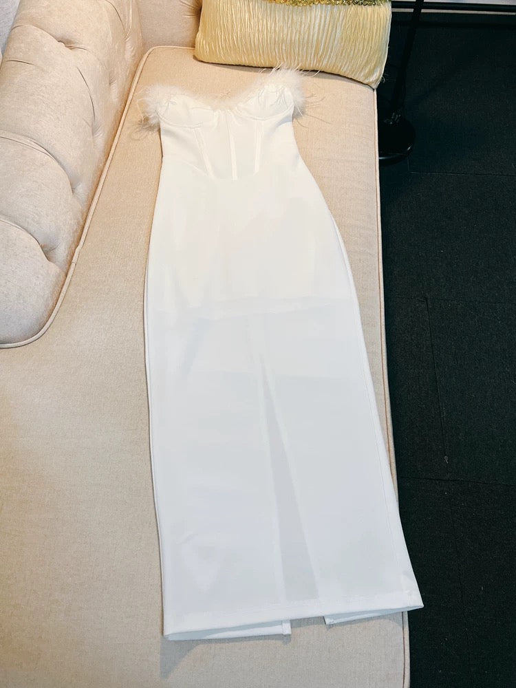 Sexy Sheath Sweetheart White Ankle Length Prom Dress Formal Dresses With Feather