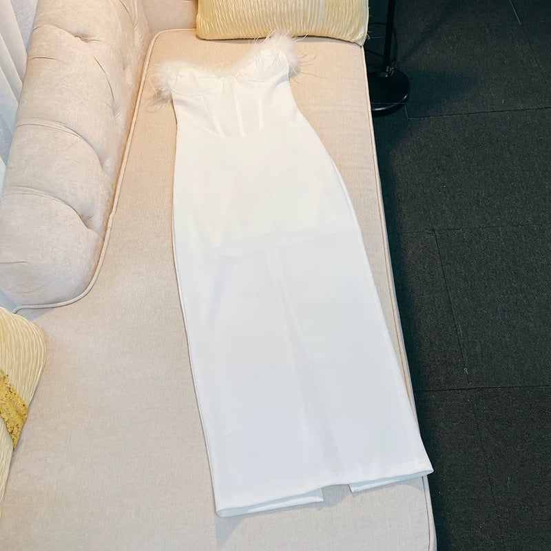 Sexy Sheath Sweetheart White Ankle Length Prom Dress Formal Dresses With Feather