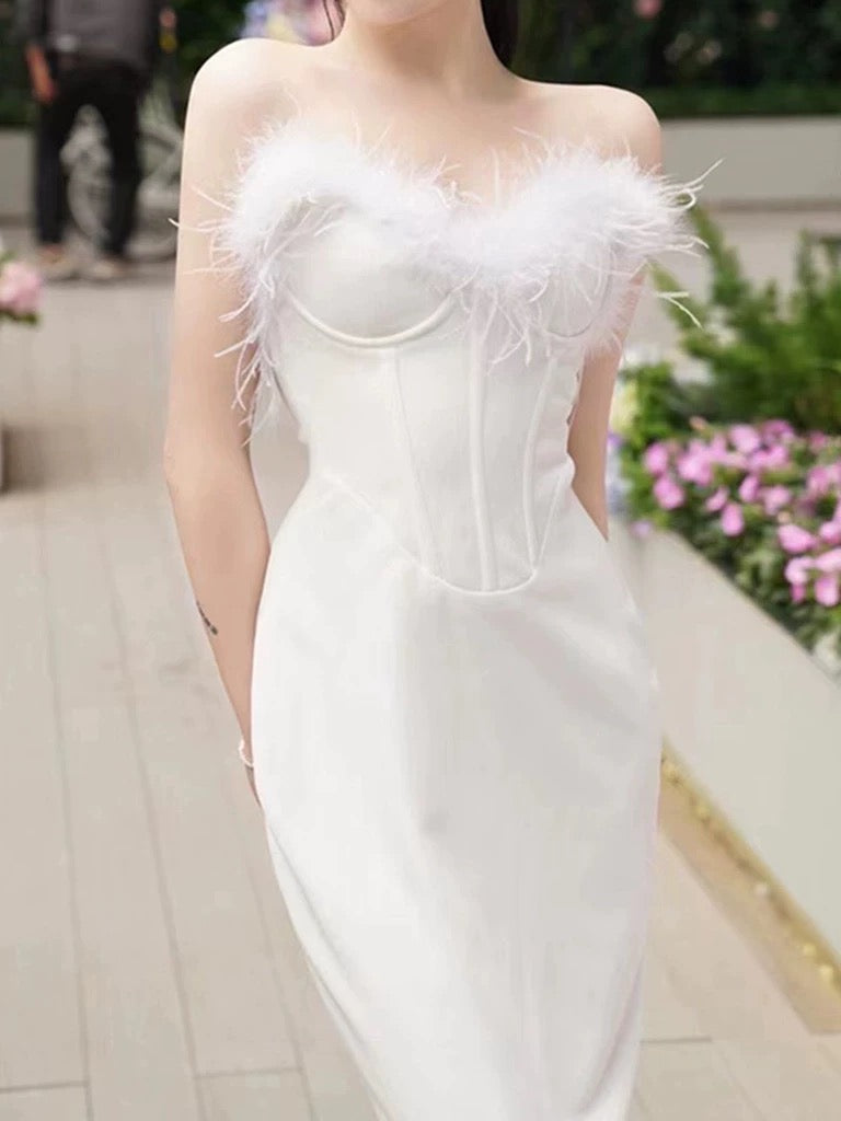Sexy Sheath Sweetheart White Ankle Length Prom Dress Formal Dresses With Feather