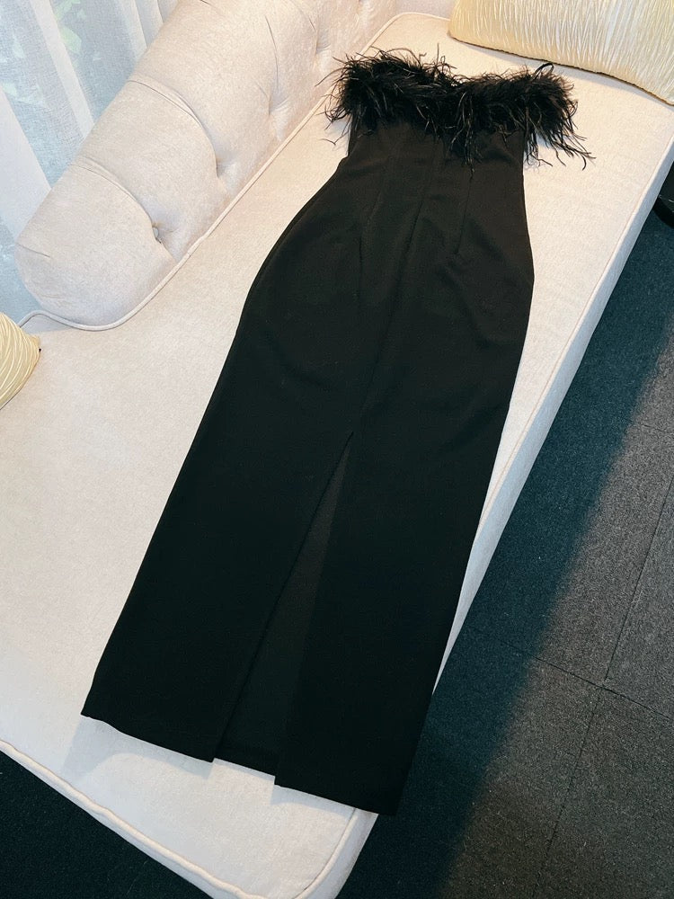 Sexy Sheath Sweetheart Black Ankle Length Prom Dress Formal Dresses With Feather