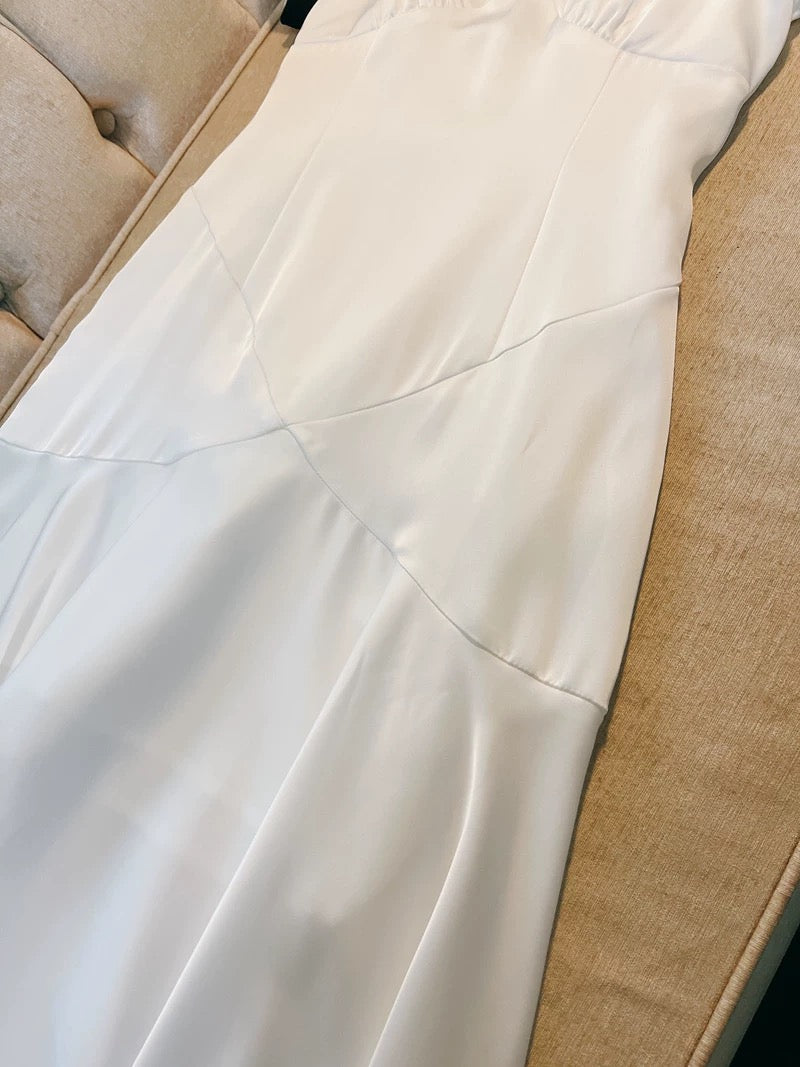 Sexy Mermaid Short Sleeves White Ankle Length Prom Dress Formal Dresses With Bow