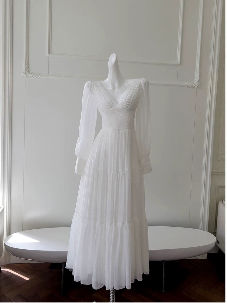 Sexy A line Long Sleeves White Ankle Length Prom Dress Formal Dresses With Ruffles