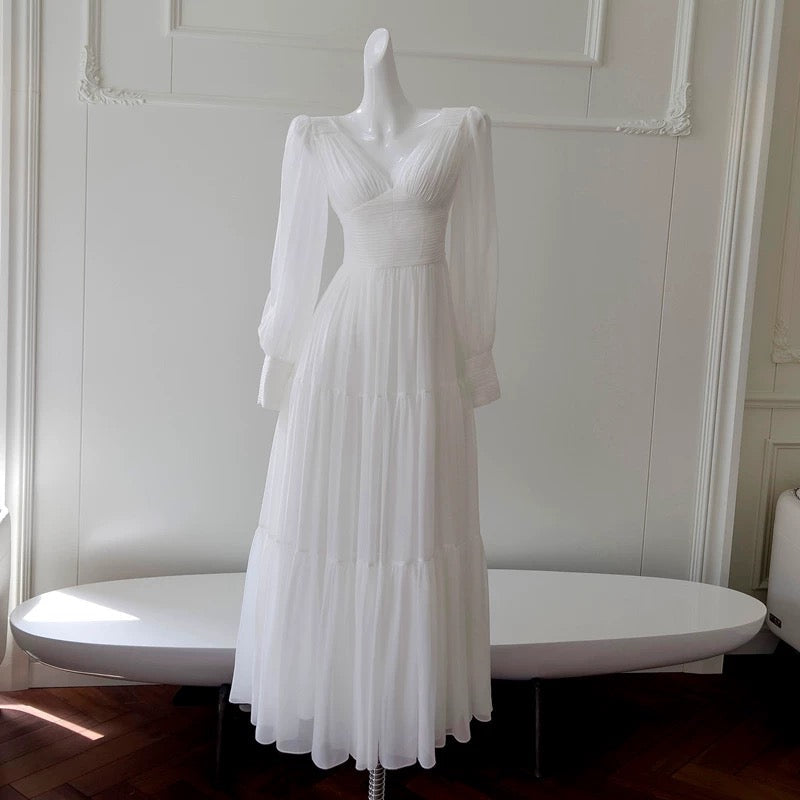 Sexy A line Long Sleeves White Ankle Length Prom Dress Formal Dresses With Ruffles