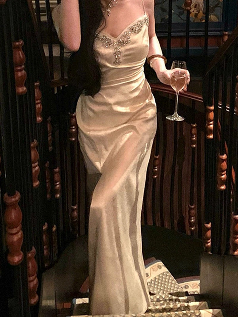 Sexy Sheath Spaghetti Straps Ivory Floor Length Prom Dress Formal Dresses With Beads