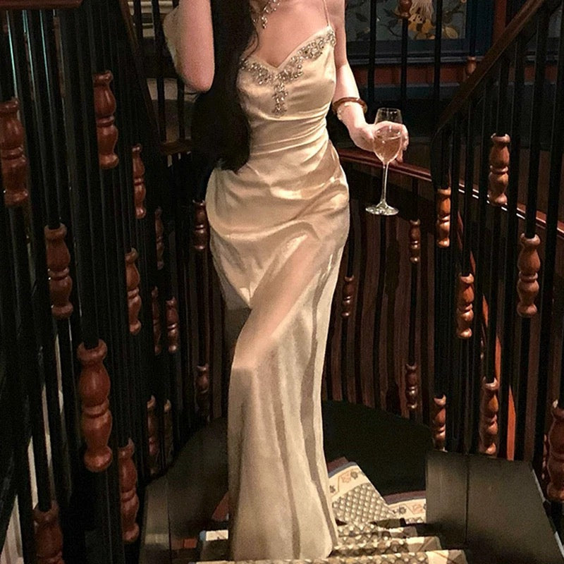 Sexy Sheath Spaghetti Straps Ivory Floor Length Prom Dress Formal Dresses With Beads