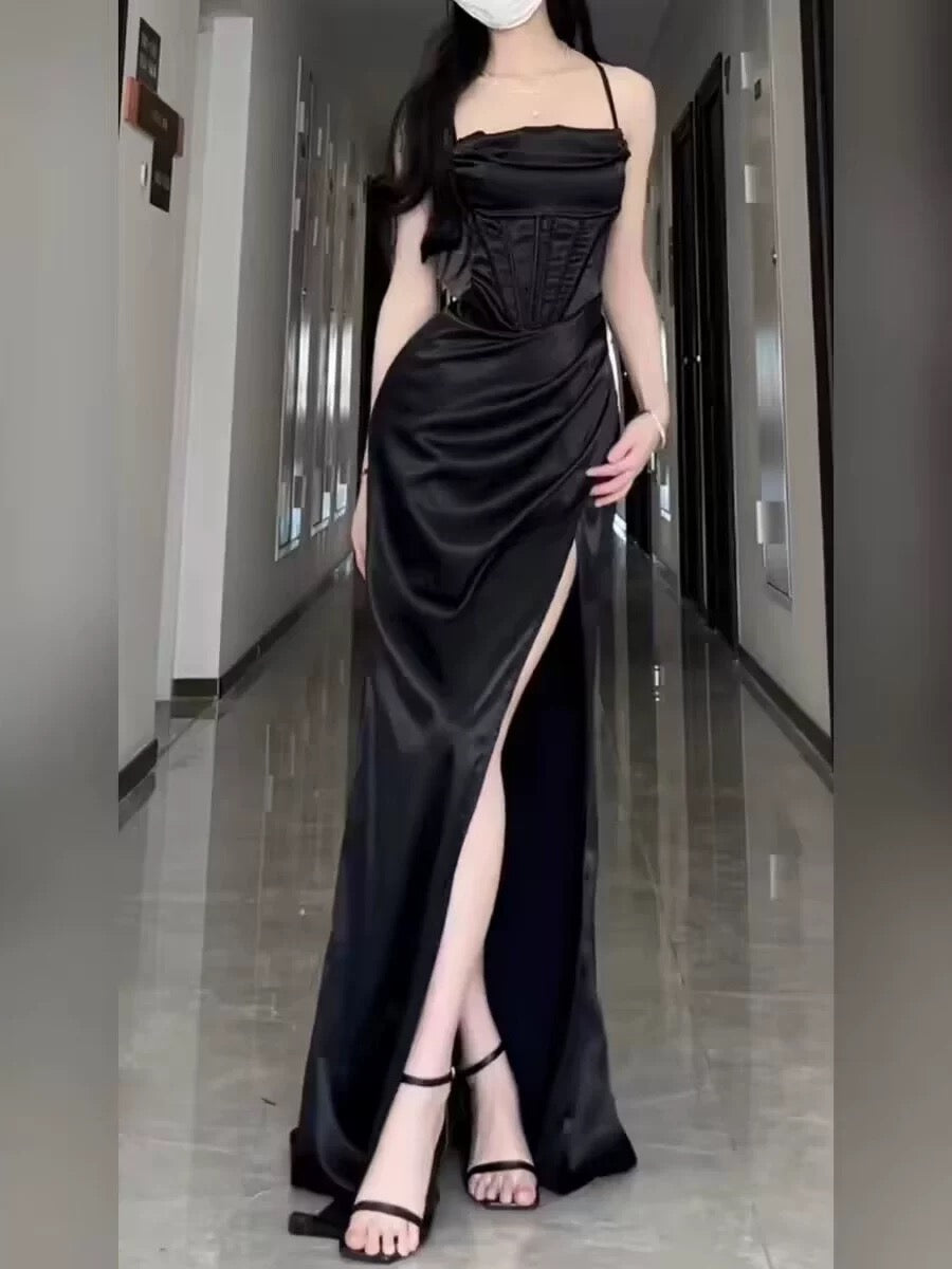 Sexy Sheath Spaghetti Straps Black Floor Length Prom Dress Formal Dresses With Slit