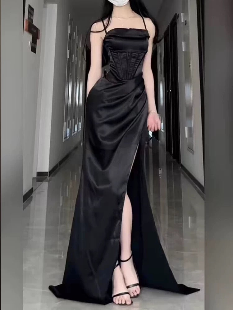 Sexy Sheath Spaghetti Straps Black Floor Length Prom Dress Formal Dresses With Slit
