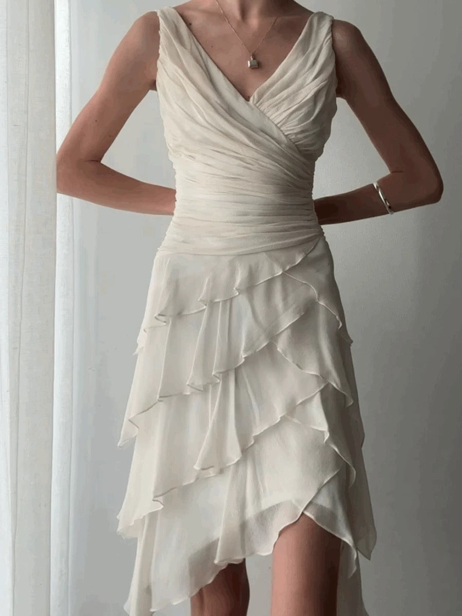 Sexy High Low V Neckline Chiffon Ivory Prom Dress Formal Dresses