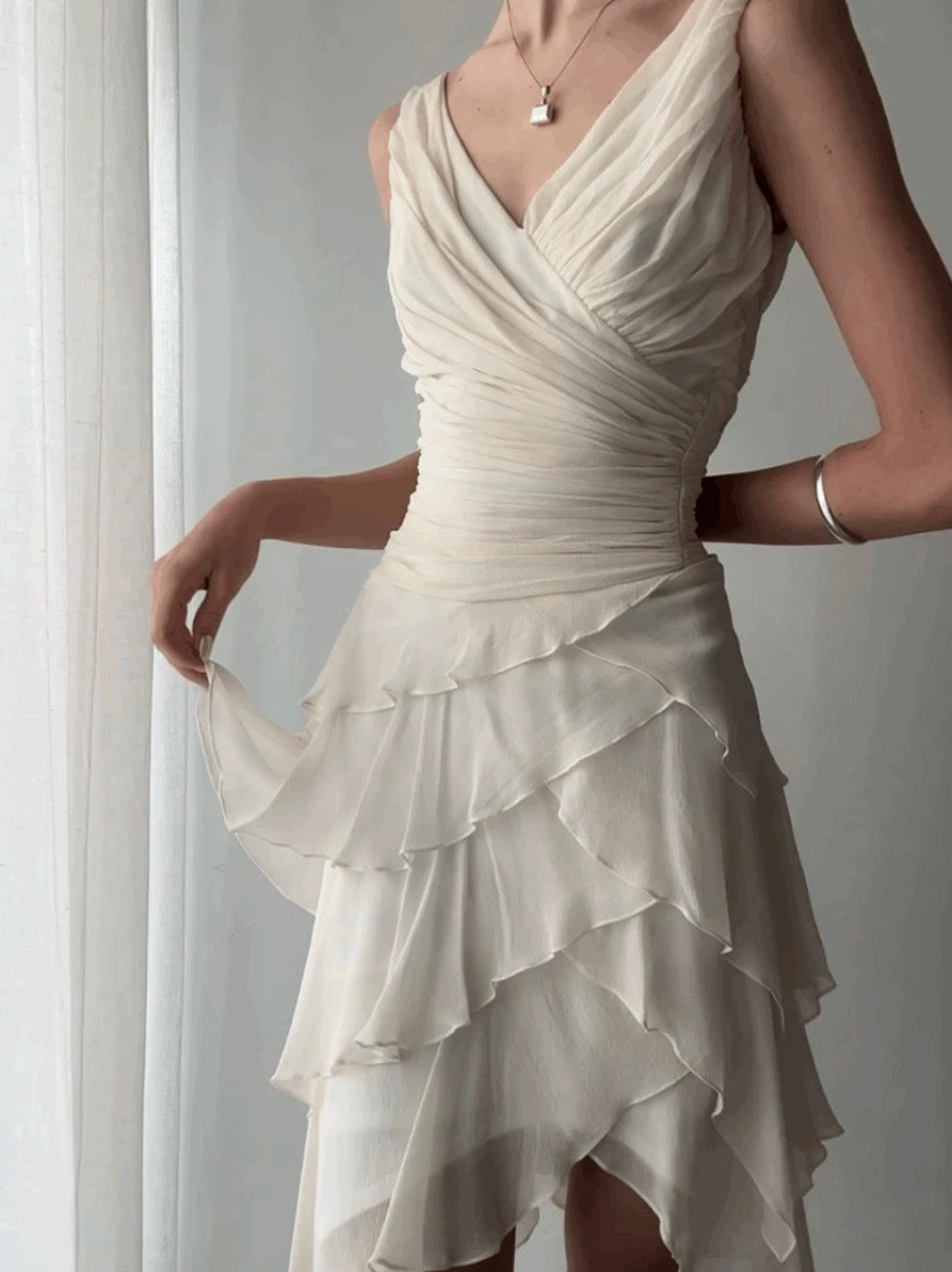 Sexy High Low V Neckline Chiffon Ivory Prom Dress Formal Dresses