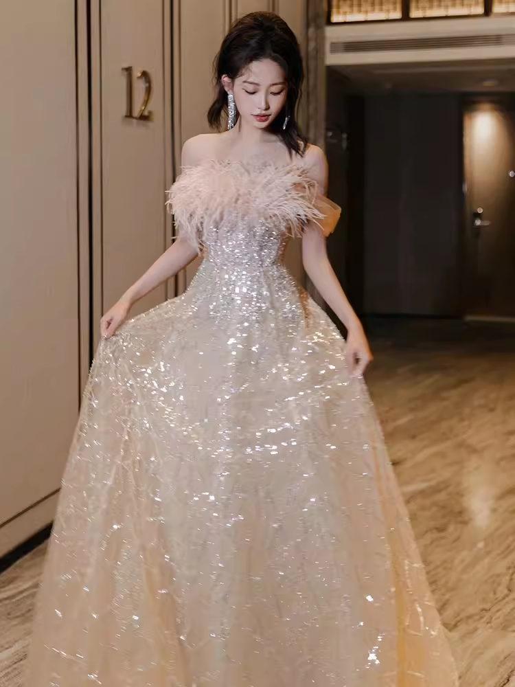 Sexy A Line Off The Shoulder Sequin Long Prom Dresses Birthday Outfits With Feather