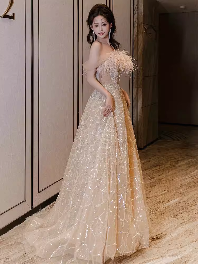 Sexy A Line Off The Shoulder Sequin Long Prom Dresses Birthday Outfits With Feather