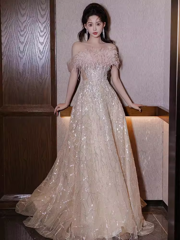 Sexy A Line Off The Shoulder Sequin Long Prom Dresses Birthday Outfits With Feather