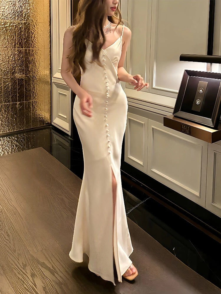 Simple Sheath Spaghetti Straps Ivory Silk Satin Long Slit Prom Dress Formal Dresses With Bottons
