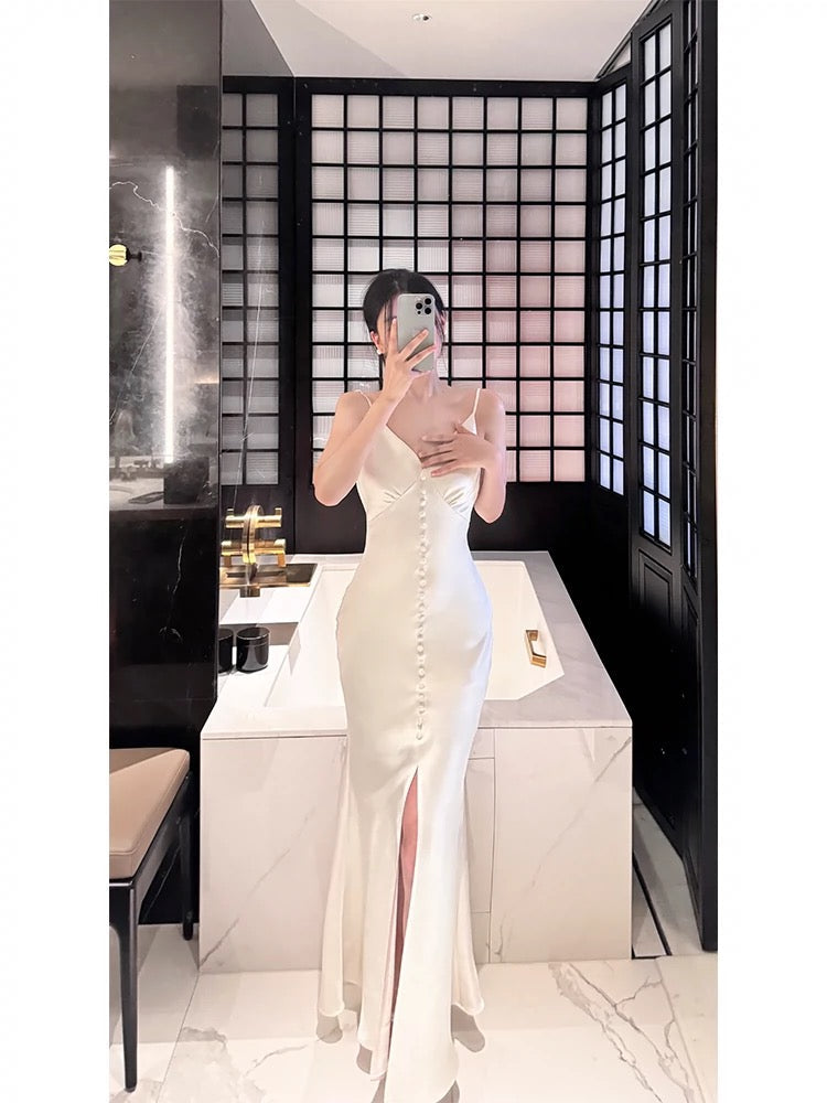 Simple Sheath Spaghetti Straps Ivory Silk Satin Long Slit Prom Dress Formal Dresses With Bottons