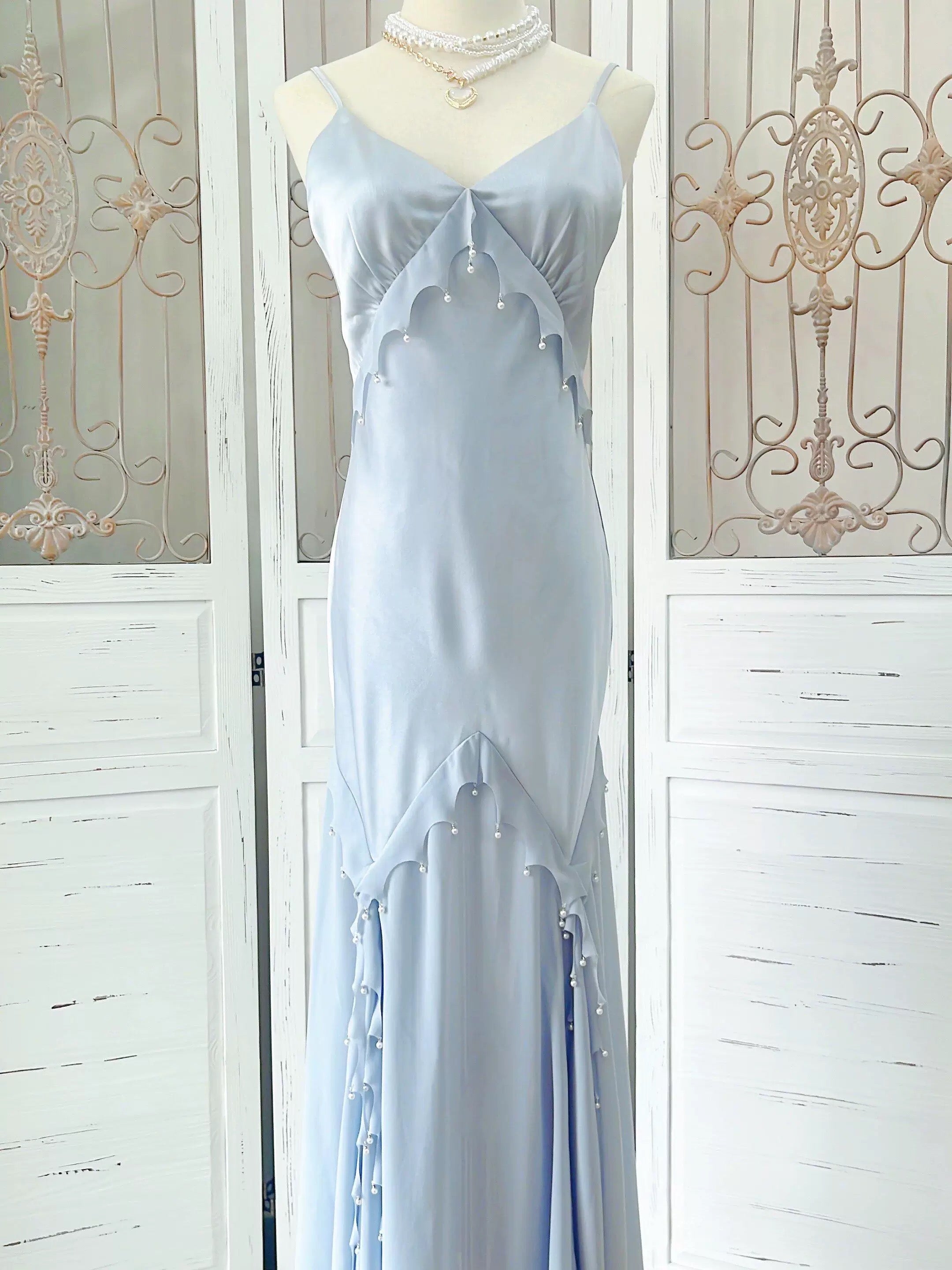 Simple Sheath Spaghetti Straps Light Sky Blue Long Prom Dress Formal Dresses With Pearls