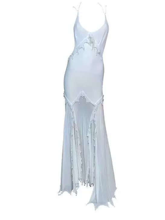 Simple Sheath Spaghetti Straps Light Sky Blue Long Prom Dress Formal Dresses With Pearls