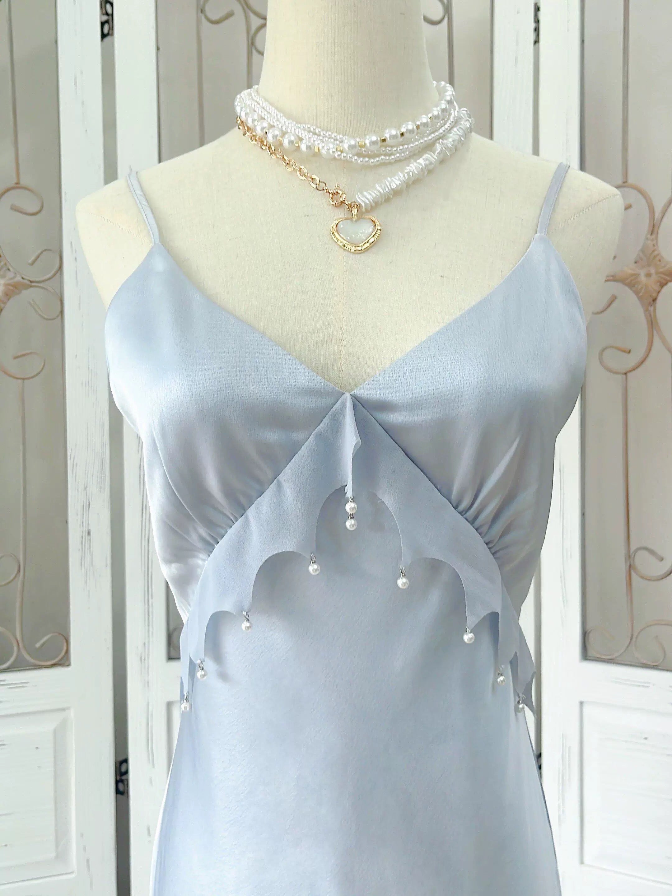 Simple Sheath Spaghetti Straps Light Sky Blue Long Prom Dress Formal Dresses With Pearls
