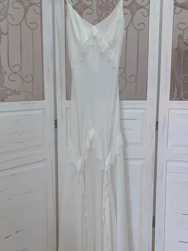 Simple Sheath Spaghetti Straps Ivory Long Prom Dress Formal Dresses With Pearls