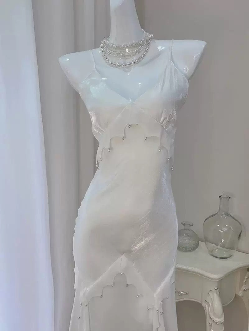 Simple Sheath Spaghetti Straps Ivory Long Prom Dress Formal Dresses With Pearls