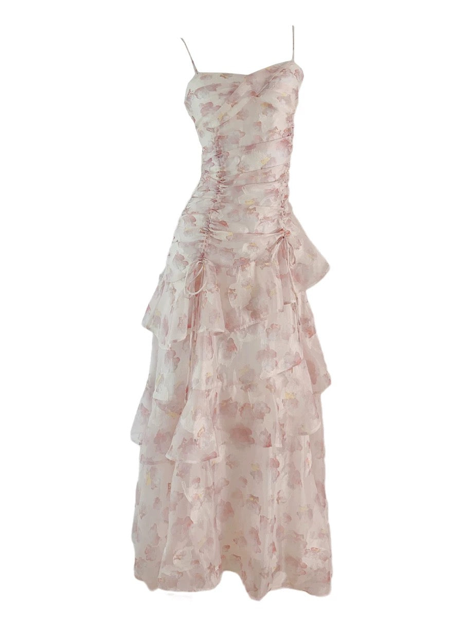 Modest A Line Straps Chiffon Long Pink Floral Prom Dress Evening Dresses